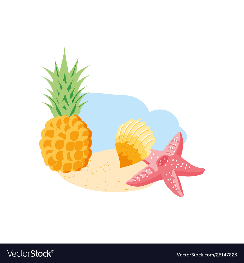 Fresh pineapple on beach with seashell and.