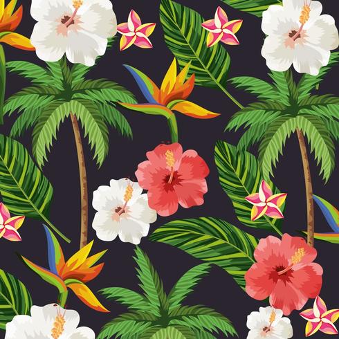tropical flowers and plants palm background.