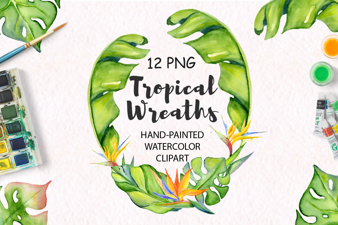 Tropical wreaths watercolor jungle clipart By EvgeniiasArt.