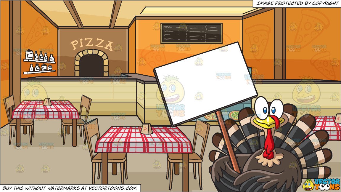 A Turkey Holding A Blank Signboard and Inside A Pizzeria Background.