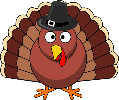 Vector clip art of funny turkey with black hat.