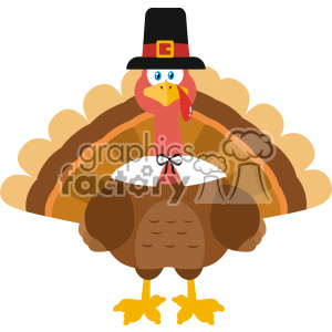 Thanksgiving Turkey Bird Wearing A Pilgrim Hat Vector Flat Design clipart.  Royalty.