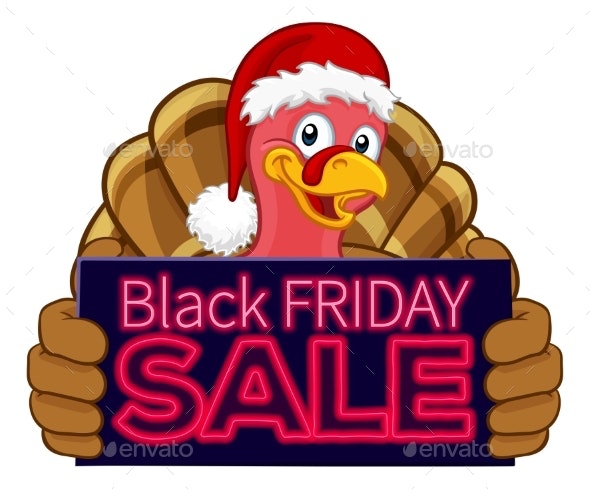 Black Friday Sale Turkey In Santa Hat Cartoon.