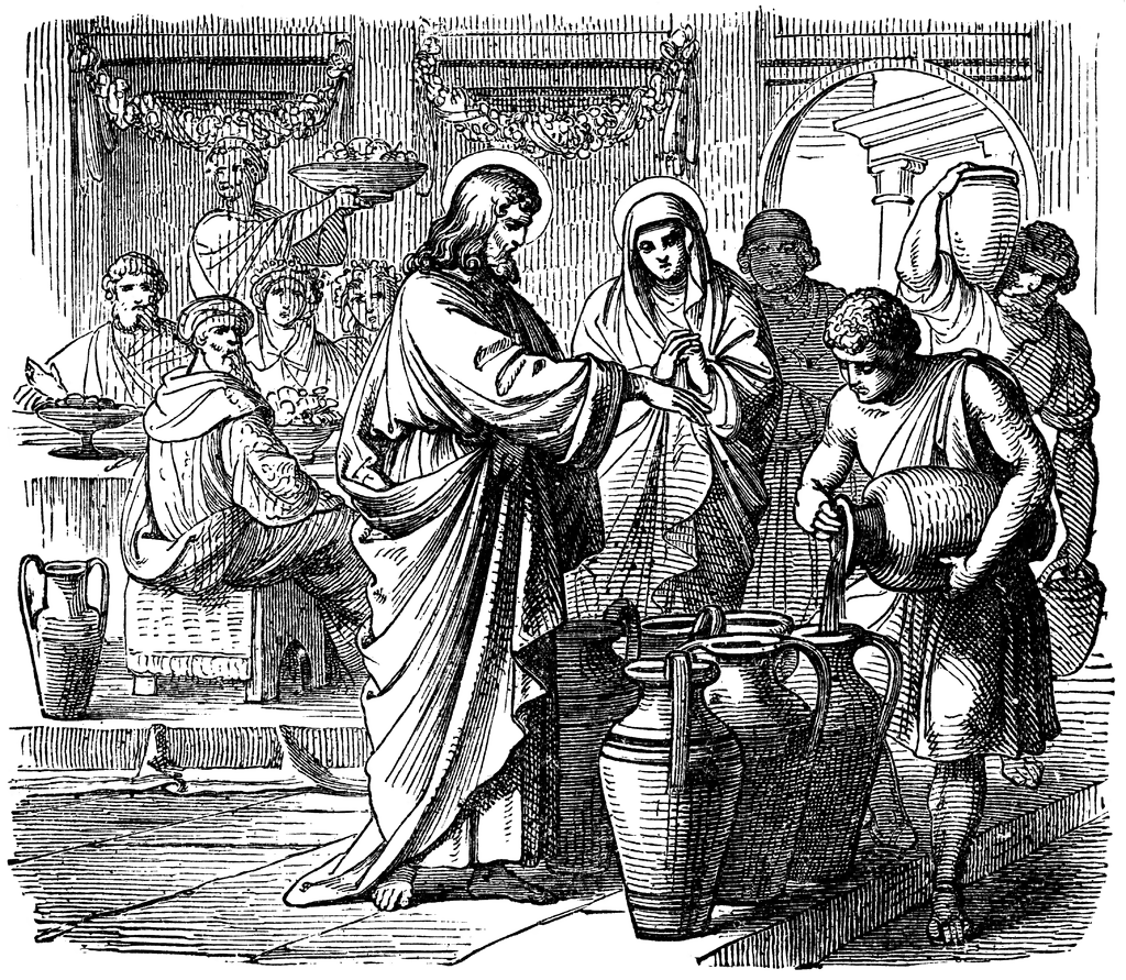 Jesus Turns Water into Wine at the Wedding at Cana.