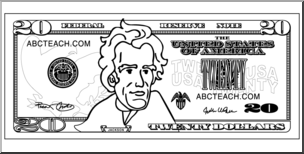 Clip Art: Twenty Dollar Bill Outline Front I abcteach.com.