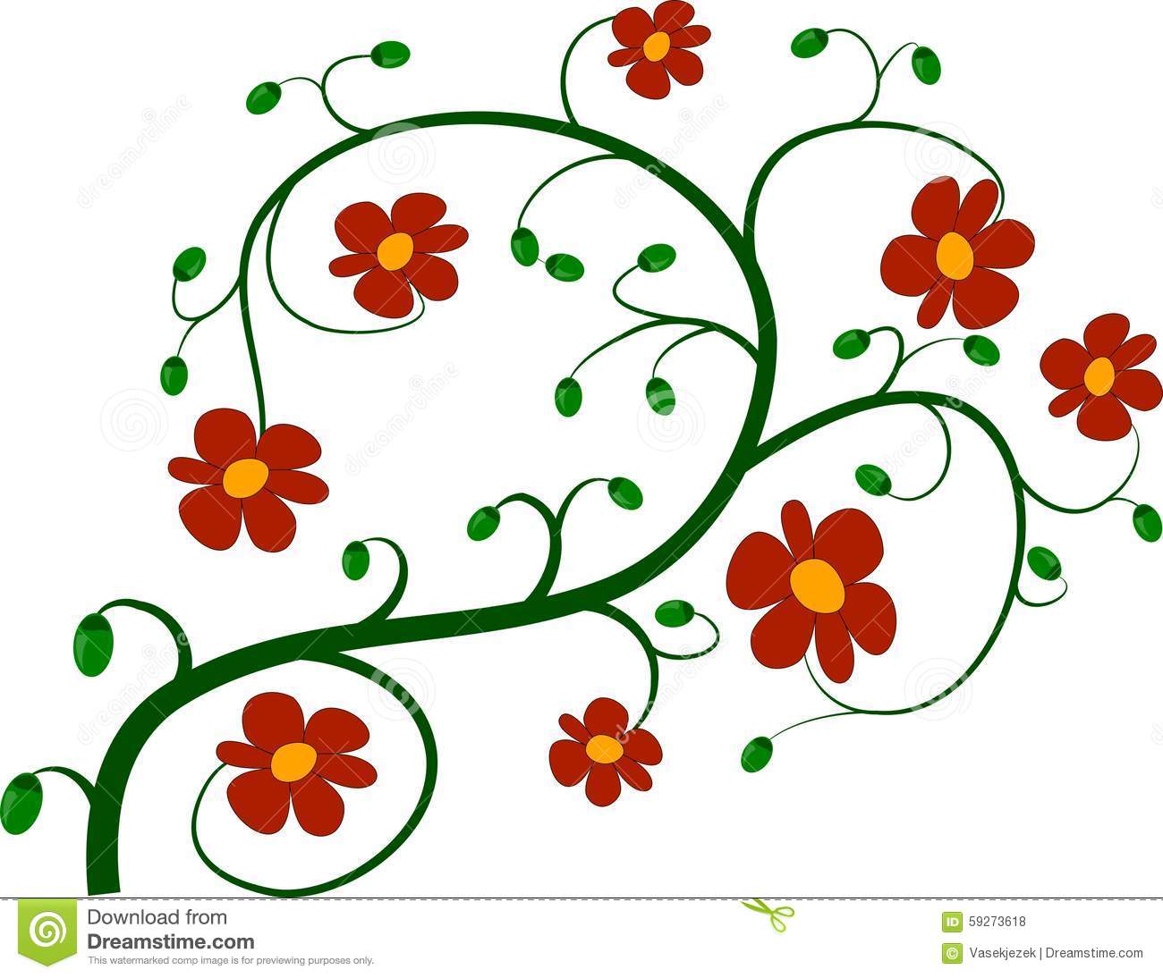 Green Twig And Red Flowers Stock Illustration.