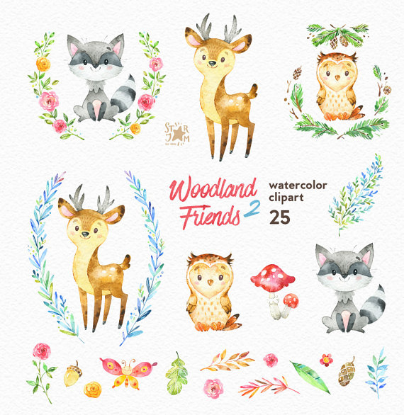 Woodland Friends 2. Watercolor animals clipart, forest, deer.