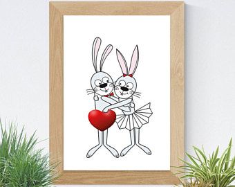 Two Bunnies Love Print, Valentine Day Print, Love Red Heart.