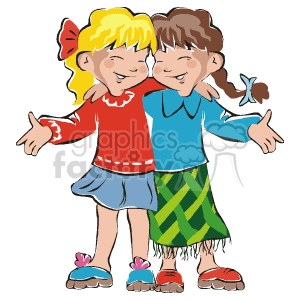 Two Girls Smiling and Hugging clipart. Royalty.