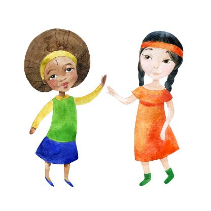 Two girls holding hands. Clipart Image.