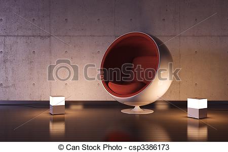 Drawings of Cosy armchair with two lamps in interior.