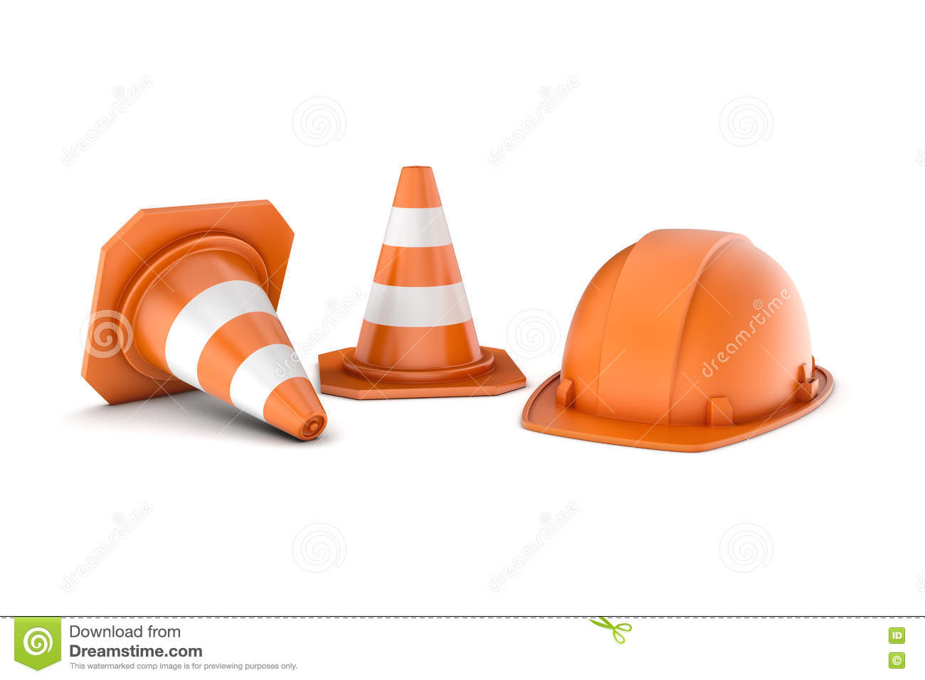 Rendering Of Two Striped Road Cones And Helmet, All Isolated On. Rendering Of Two Striped Road Cones And Helmet, All Isolated On.