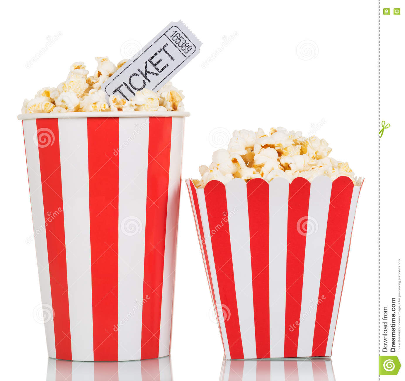 Two Striped Box With Popcorn And Movie Tickets Isolated On White. Two Striped Box With Popcorn And Movie Tickets Isolated On White.