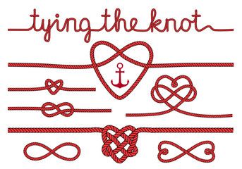 tying the knot, rope hearts for wedding, vector set.