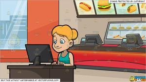 A Happy Woman Typing On The Keyboard Of The Office Computer and Inside A  Fast Food Restaurant Background.