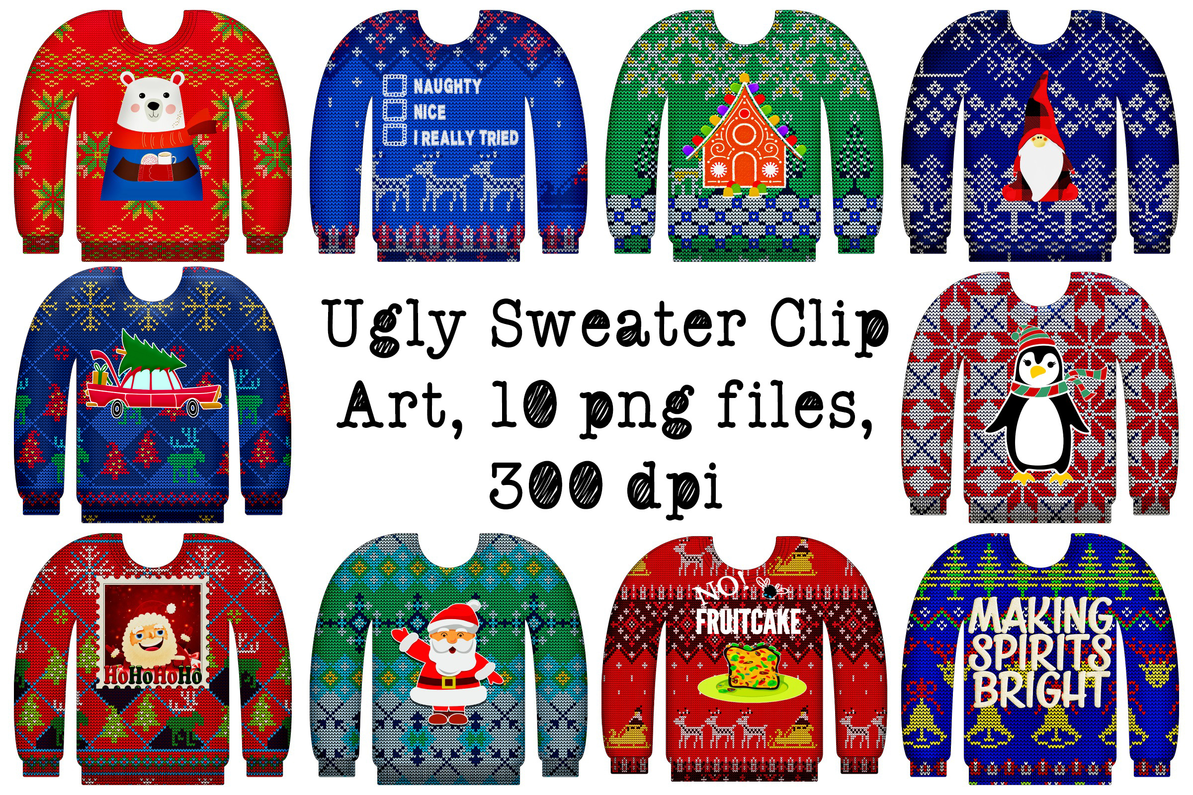 Ugly Christmas Sweaters with Graphics Clip Art.