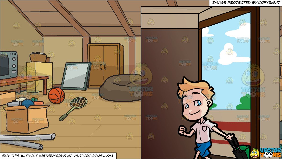 A Boy Happily Enters His Classroom and A Messy Attic Background.