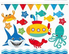 Under The Sea Clip Art, Ocean Digital ClipArt, Bright Cute Fishes.