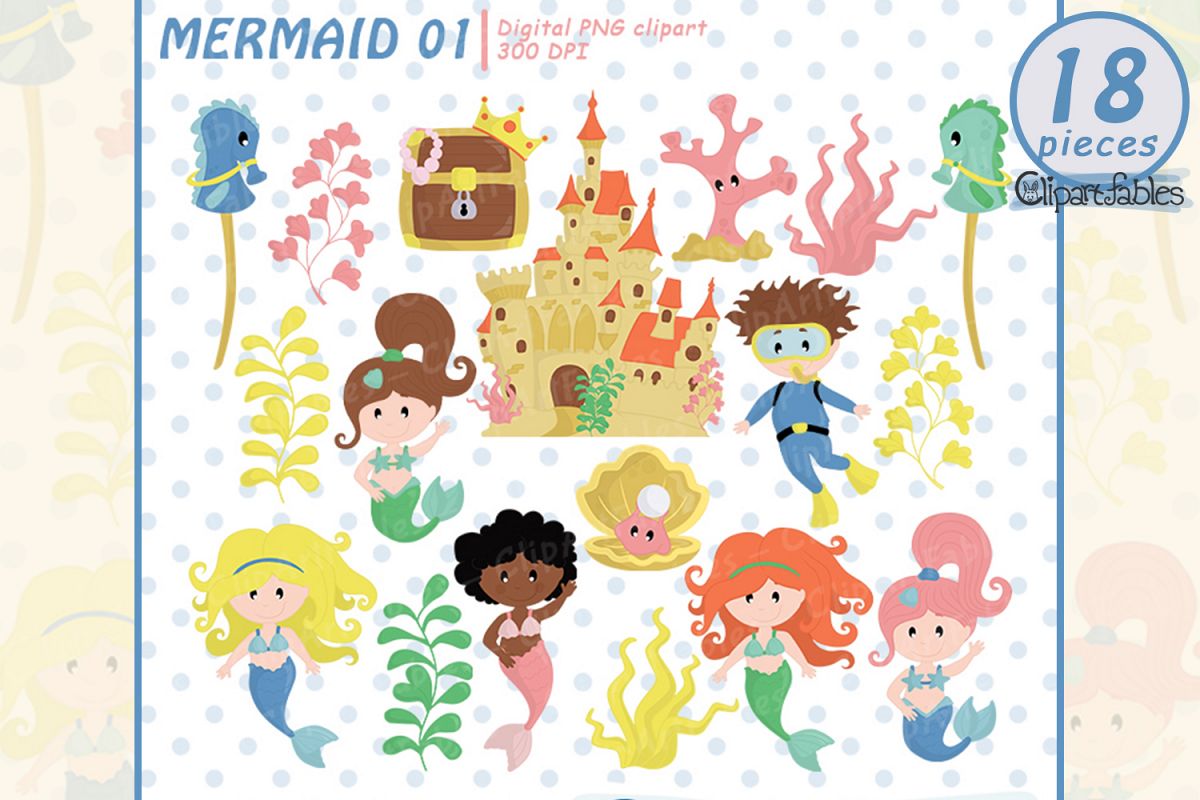 Mermaid clipart, Cute under the sea art, instant download.