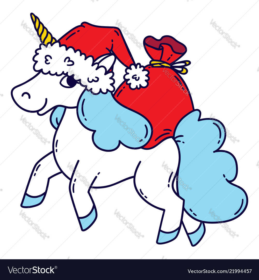 Christmas unicorn with a santa hat and a bag of.