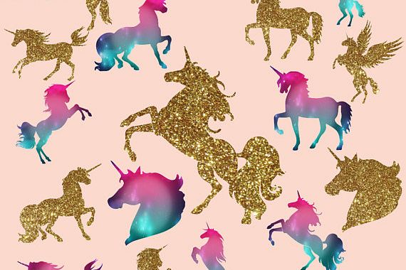 Gold glitter and Galaxy Unicorns Clipart.