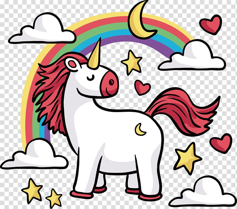 White and red unicorn illustration, T.