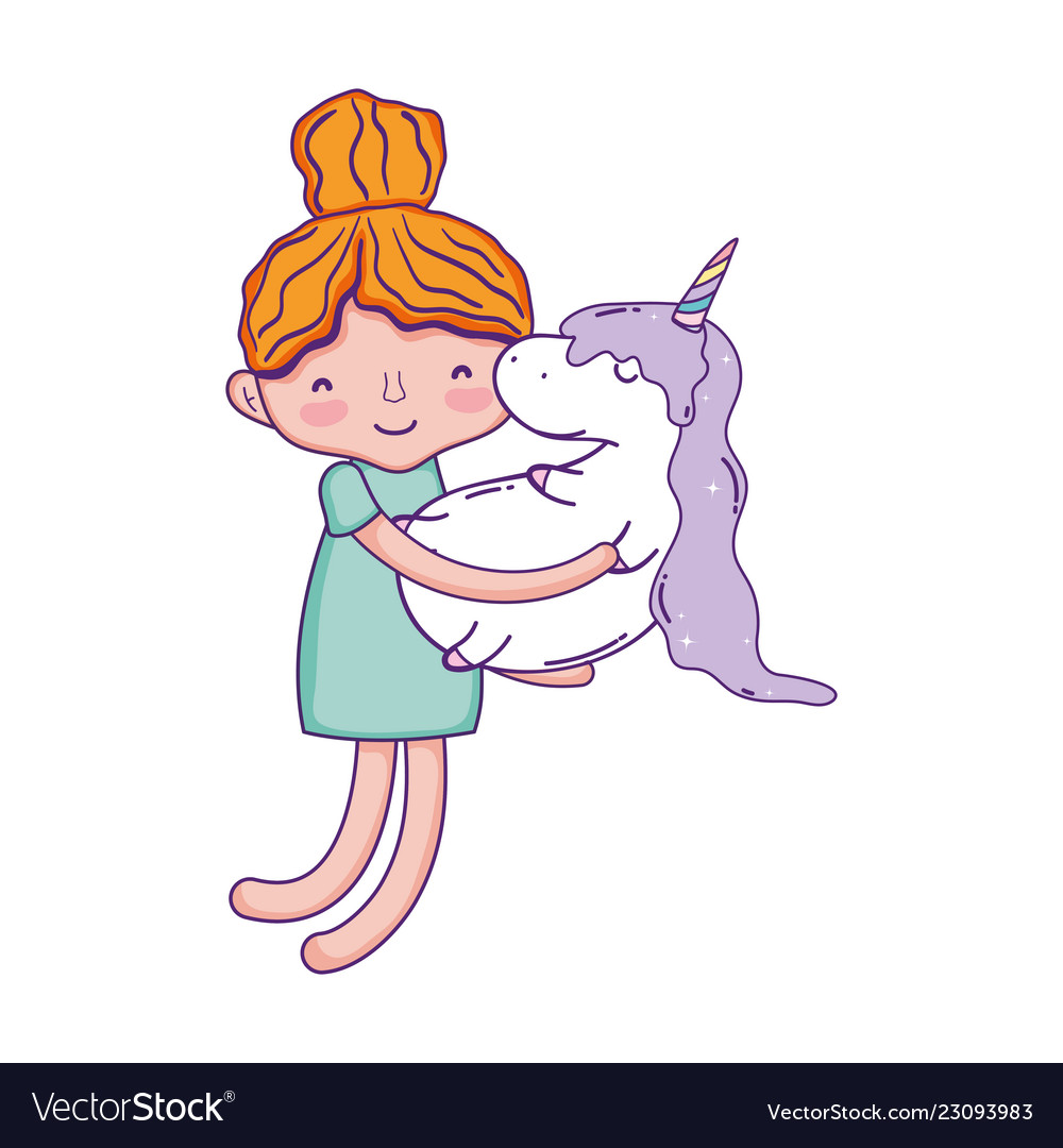 Little girl with unicorn kawaii character.