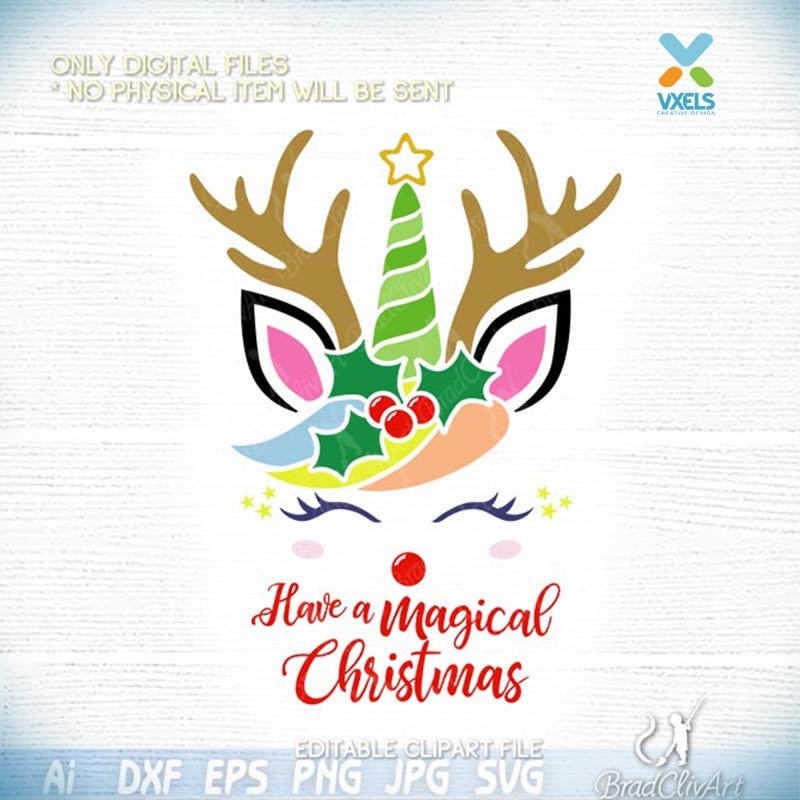 Christmas unicorn SVG with Santa Deer horn and Xmas Tree theme.