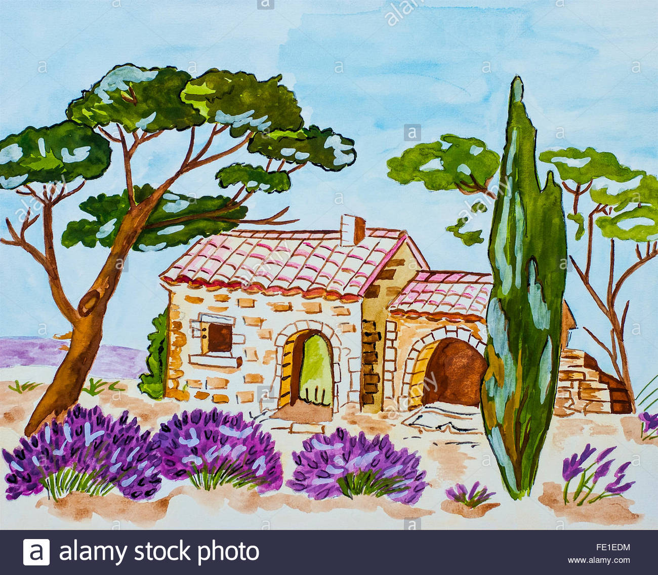 Watercolour Painting “camargue House And Lavender” By Unknown.