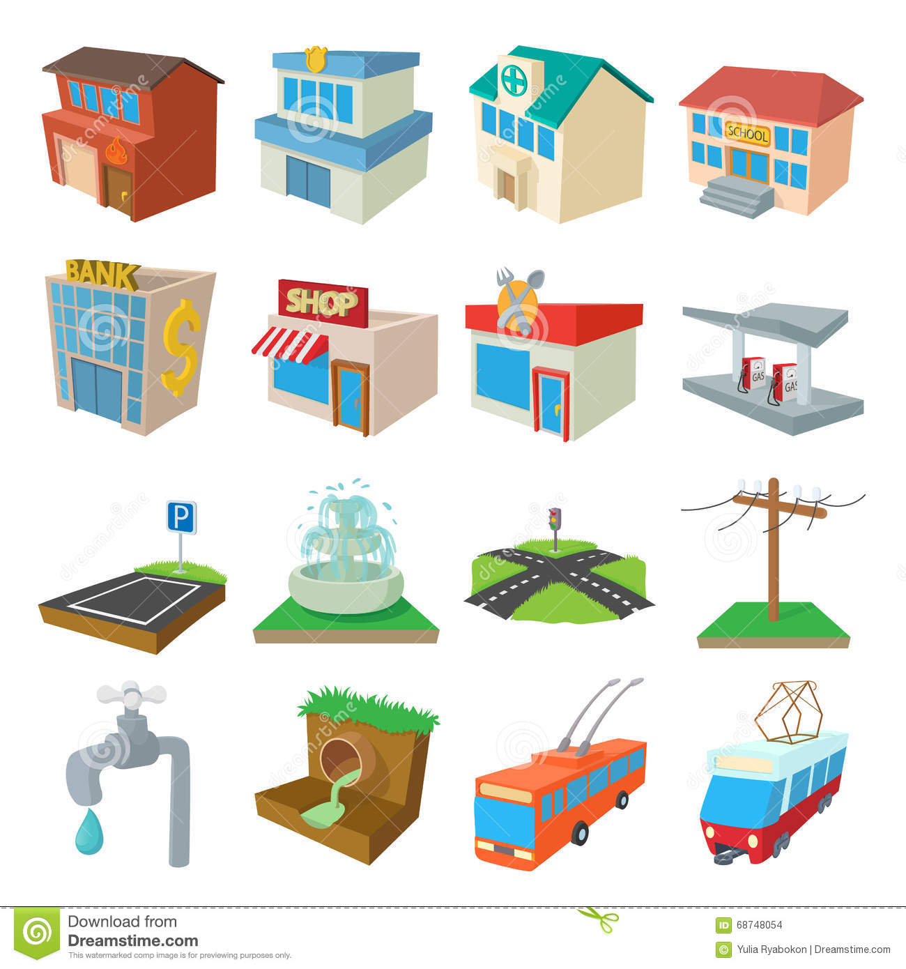 Urban Infrastructure Icons Set, Cartoon Style Stock Vector.
