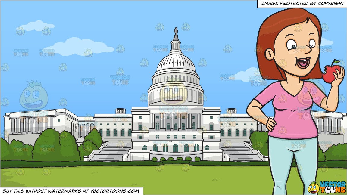A Woman Enjoying A Bite On An Apple and The Us Capitol Building Background.