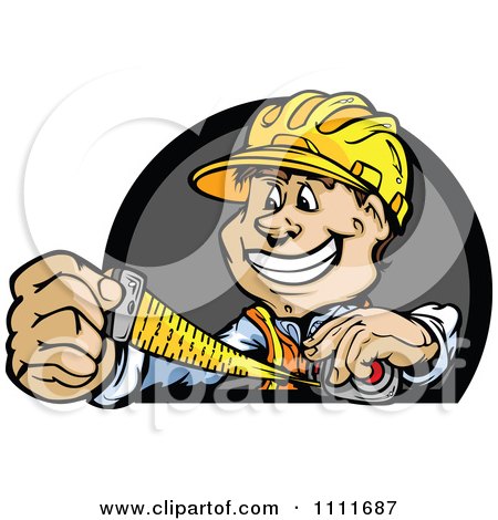 Clipart Happy Construction Worker Man Using Measuring Tape.