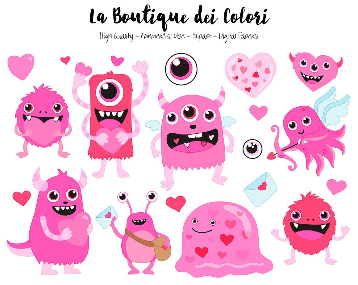 Pink Valentine\'s Day Monster Clipart.