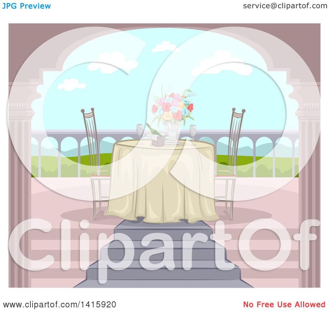 Clipart of a Romantic Table Set for Two on a Balcony with a Valley.