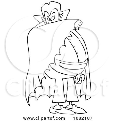 Clipart Outlined Vampire Covering His Face With His Cape.