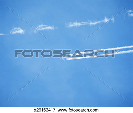Picture of Aeroplane vapour trails, low angle view x26163417.