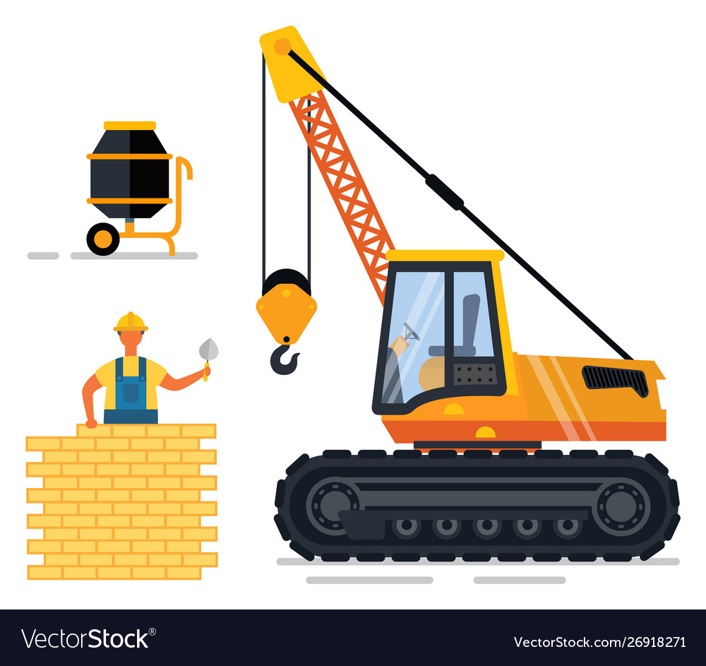 Construction equipment and man building wall set.