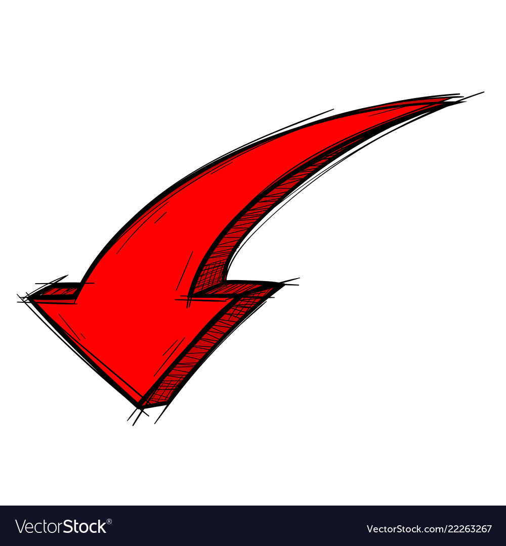 Red arrow down sign colored doodle.