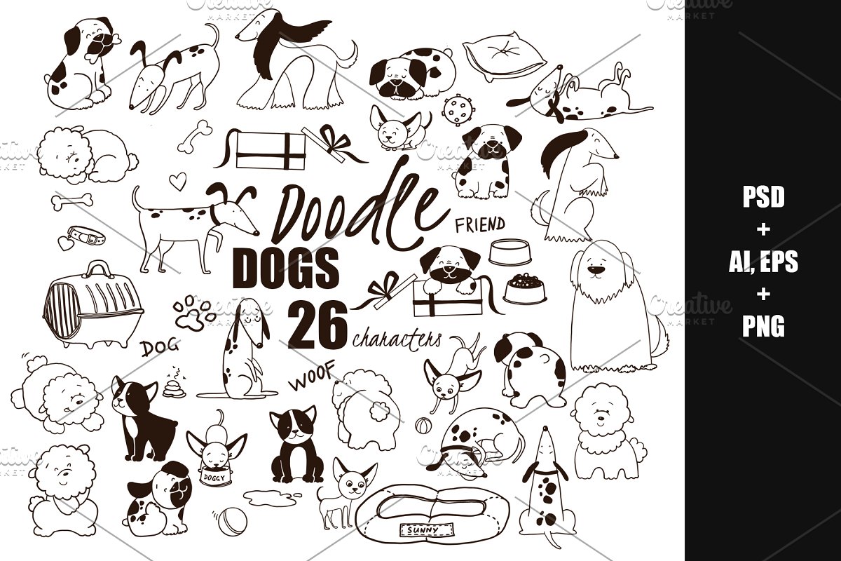 Doodle Dogs HandDrawn vector clipart ~ Illustrations.