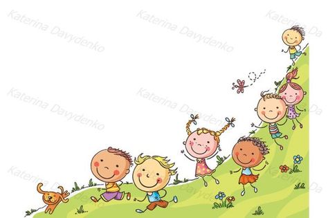 Happy cartoon kids running, vector frame with a copy space.