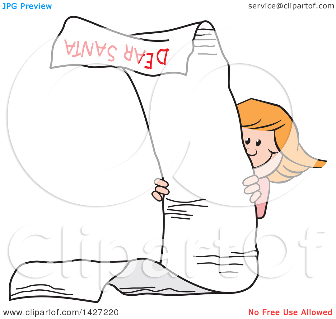 Clipart of a Cartoon Caucasian Girl Peeking Around a Very Long.