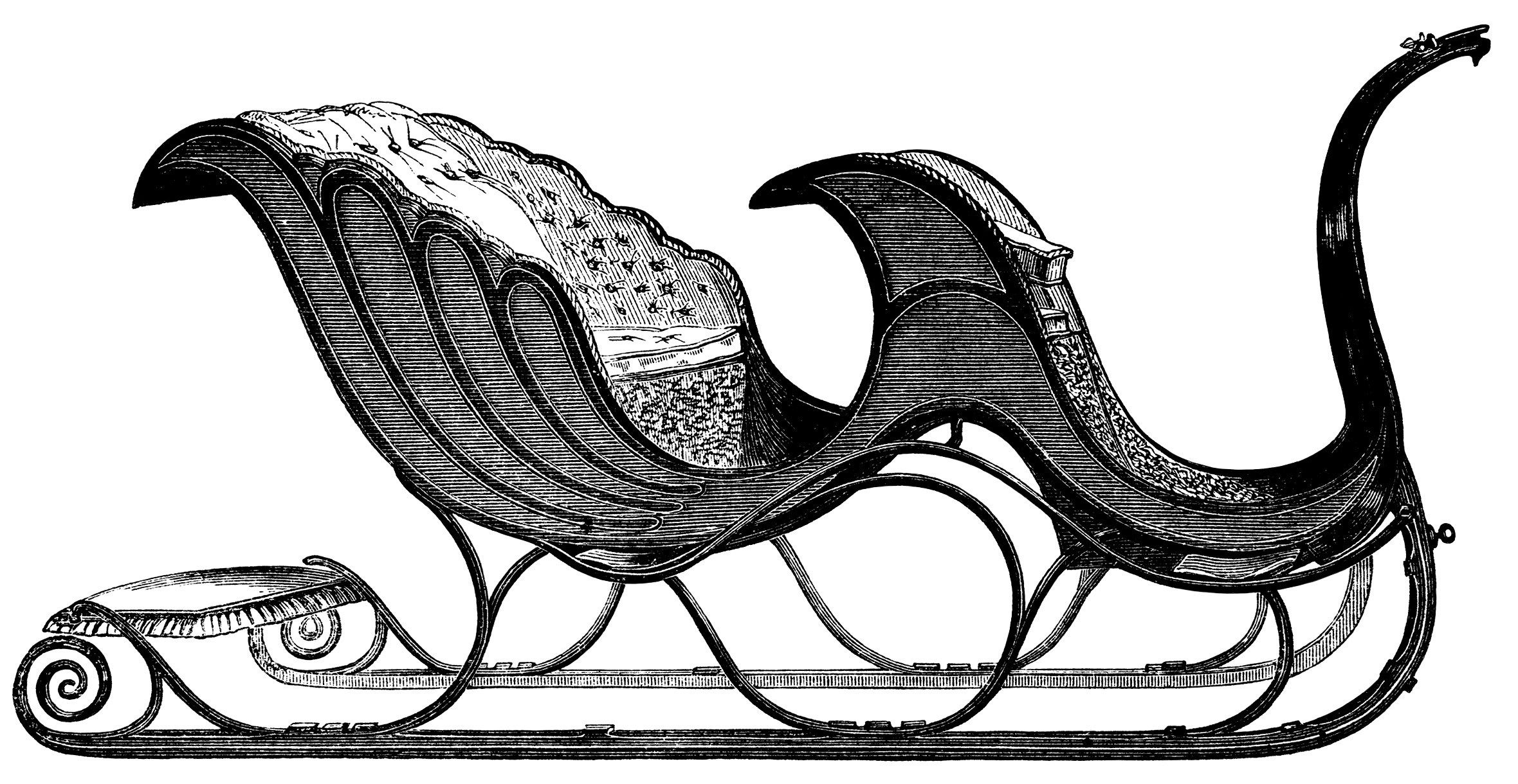 vintage clip art sleigh, free black and white clipart.