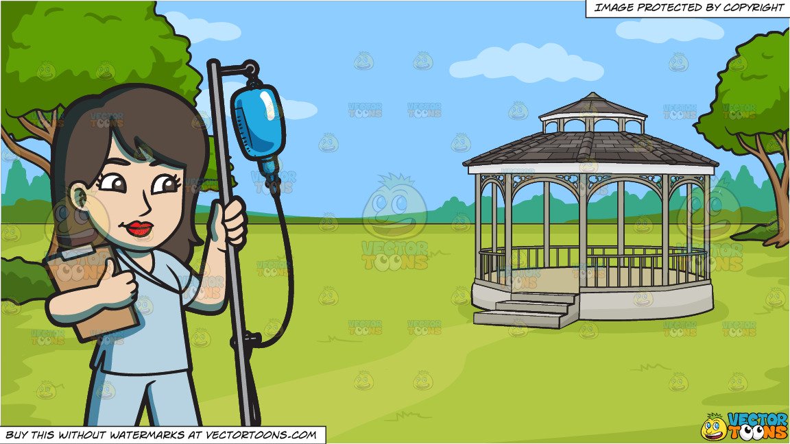 A Female Nurse Transferring An Iv Fluid and A Victorian Park With Gazebo  Background.