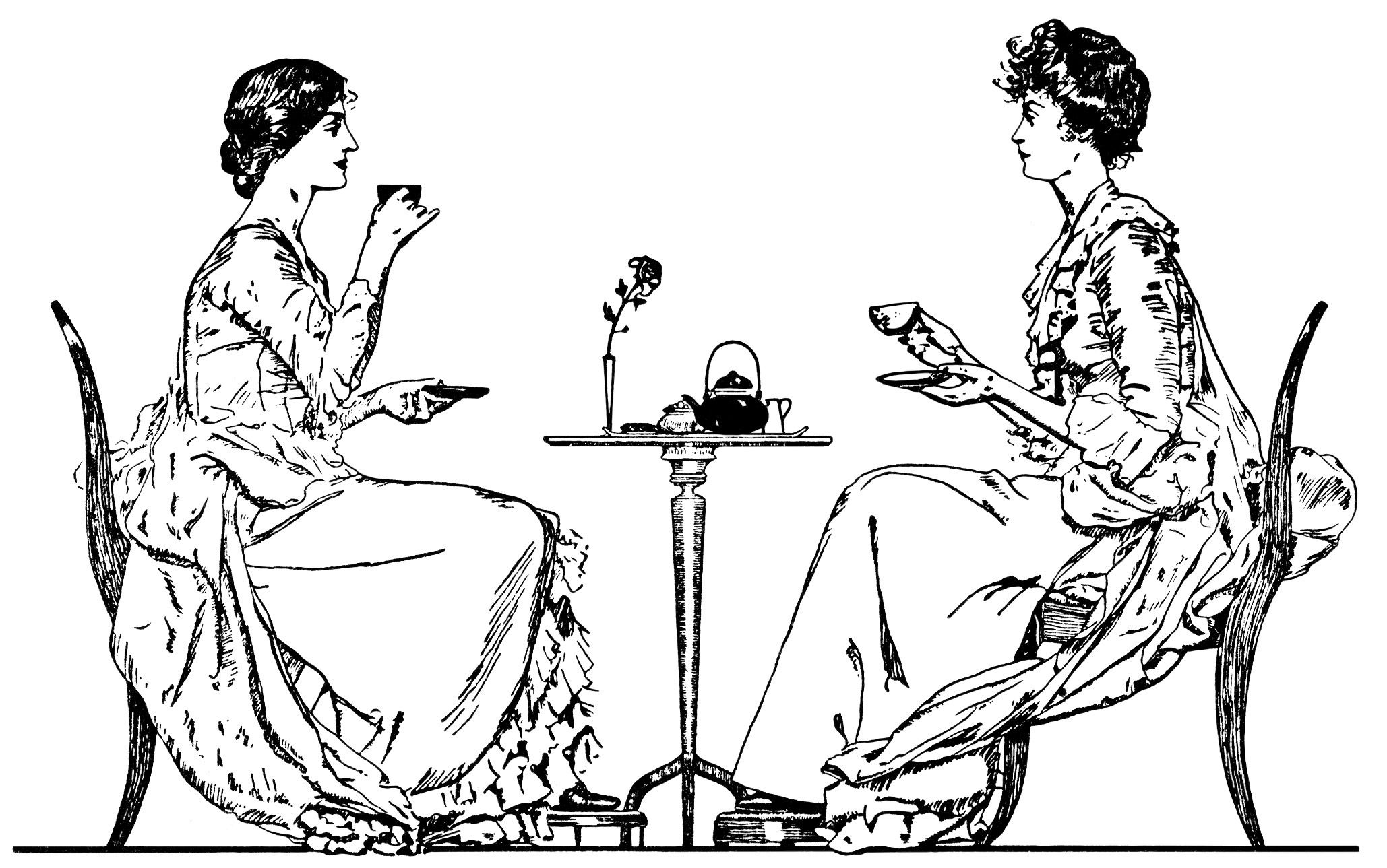 Victorian tea time, ladies drinking tea, black and white.