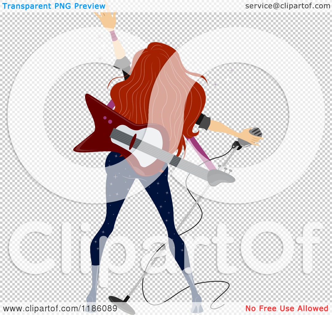 Cartoon of a Rear View of a Female Rock Star with a Guitar and.