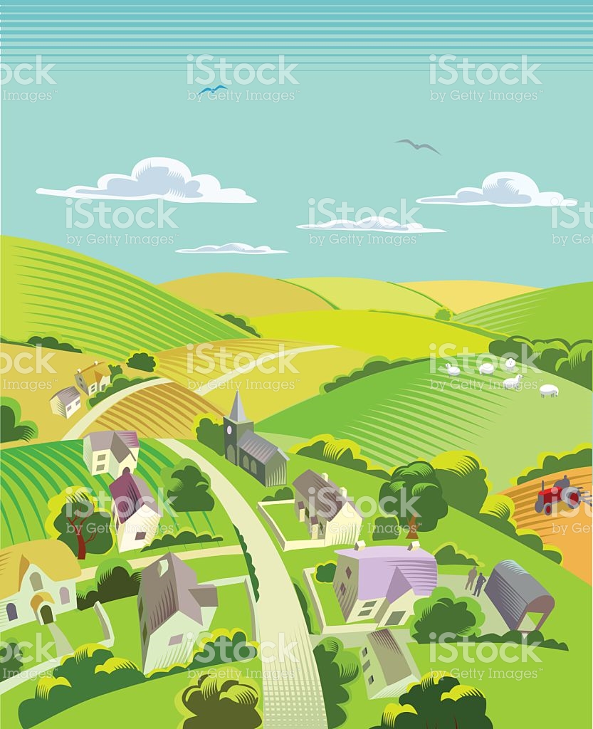 Countryside With Village stock vector art 514618574.