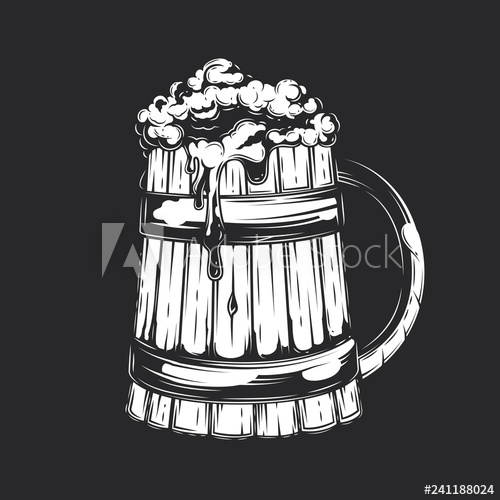 Wooden beer mug in vintage style on black background. Vector.
