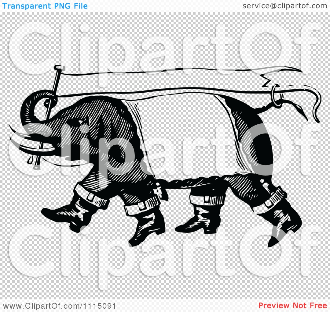 Clipart Vintage Black And White Circus Elephant Carrying A Banner.