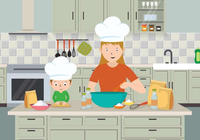 Free Mom And Child Cooking Illustration.