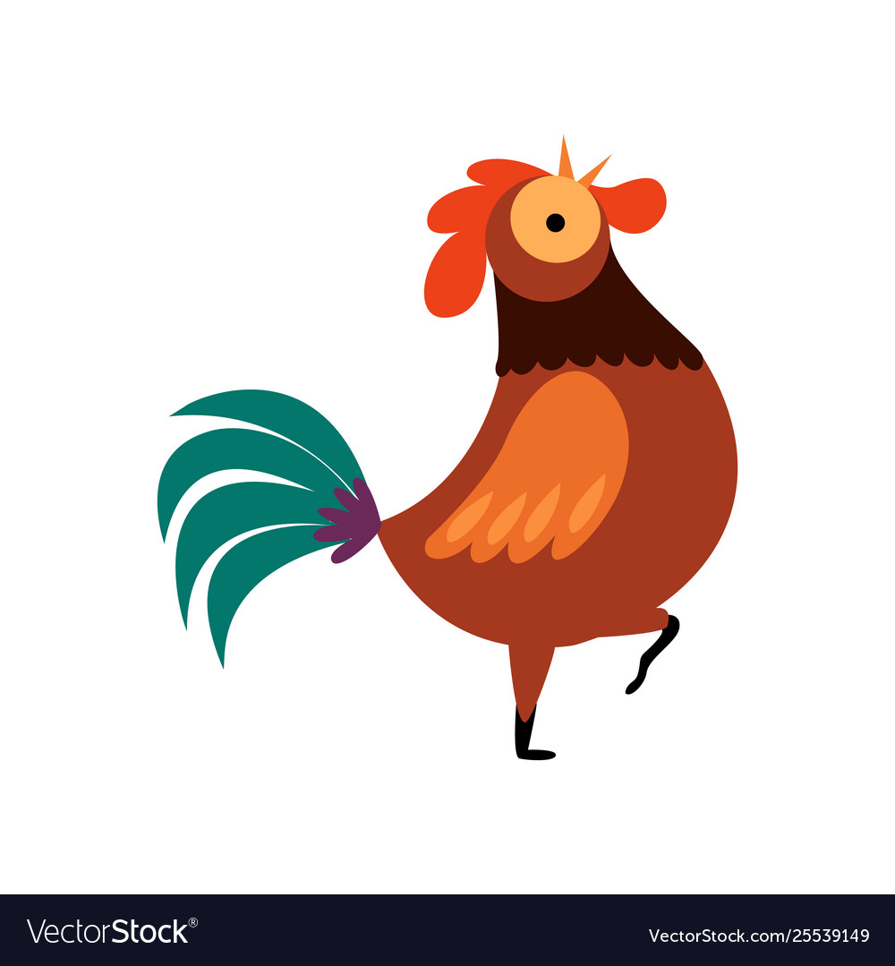 Colorful rooster standing on one leg and crowing.